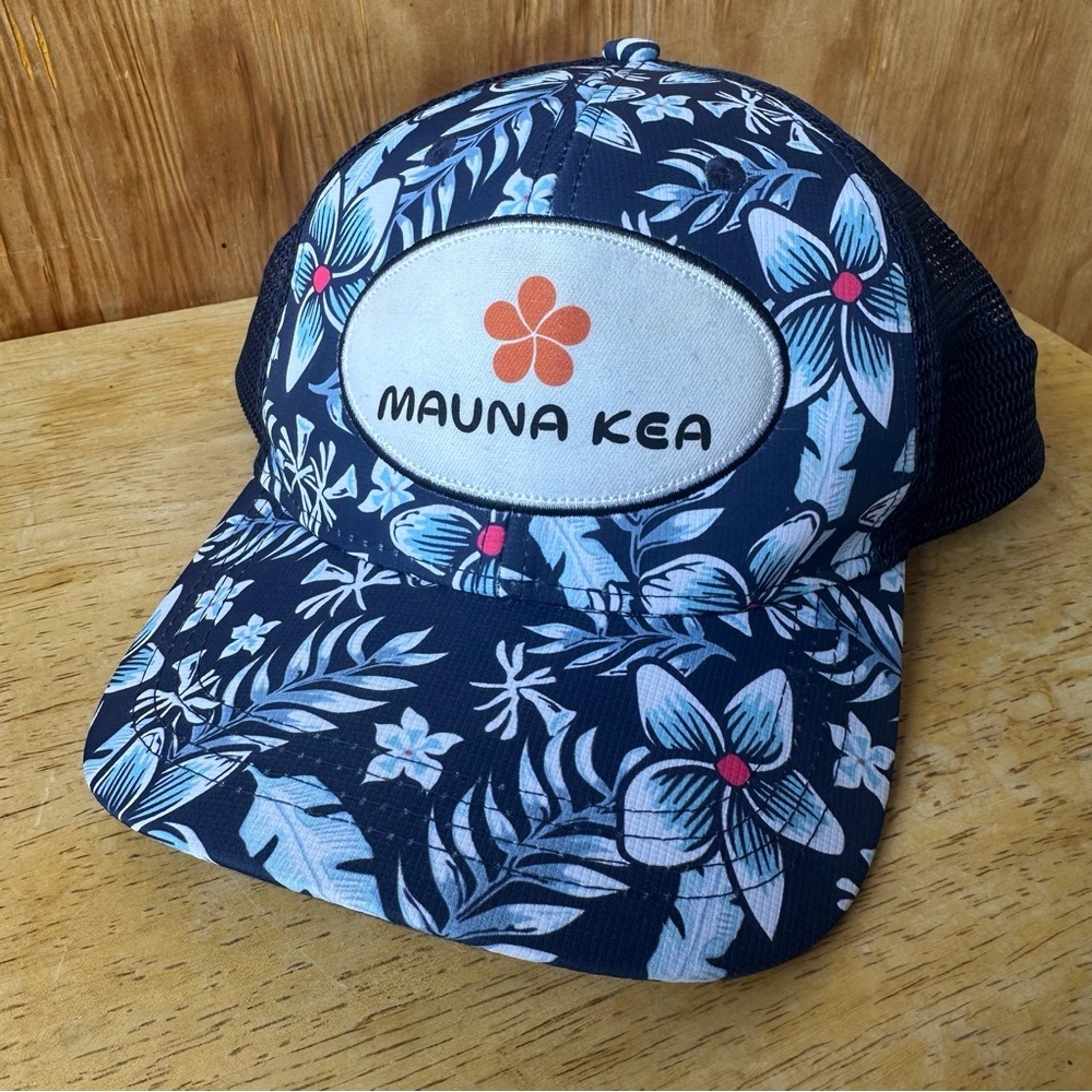 Mauna Kea Floral Tropical Print Baseball Cap Hat Blue